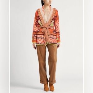 FORTE FORTE Knit Fringe Belted Cardigan Aztec Print Orange Neon Ethnic Boho